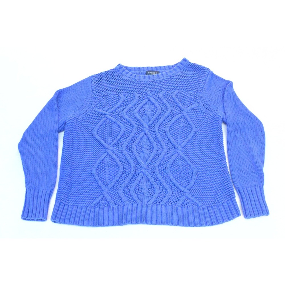 Lands End Drifter Womens XL 18 100% Cotton Cable Knit Sweater Blue Crew Neck